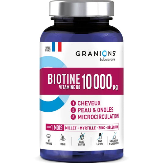 Biotine 10 000 µg GRANIONS, Complement alimentaire CHEVEUX, PEAU, ONGLES - Vitamine B5, Biotine, Millet, Cystine, Myrtille, Zinc, Sélénium, Methionine - Vegan, sans gluten, 60 comprimés Made in France