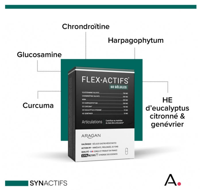 Aragan Flexactifs® - Bien-Être Articulaire - Glucosamine Harpagophytum Curcuma Eucalyptus et Zinc - 60 Gélules