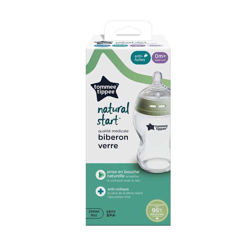 Tommee Tippee, Biberon en verre Anti-colique Natural Start, 250ml, tétine imitant la forme du sein pour prise en bouche naturelle, lot de 1