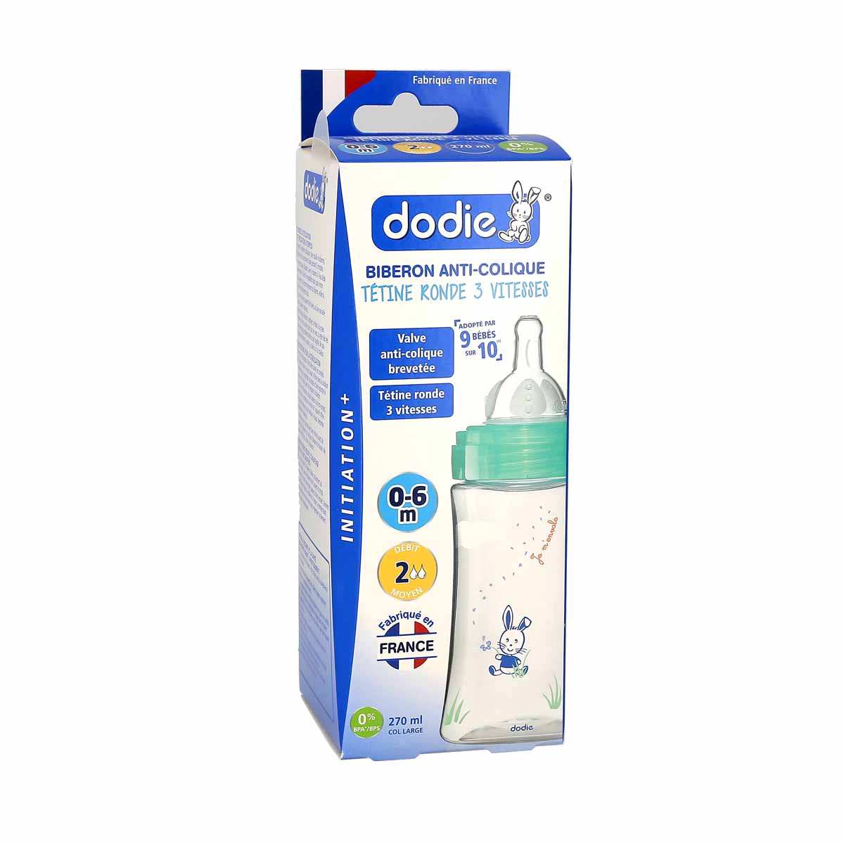 Dodie Biberon Anti-Colique Initiation+ Verre - 270 ml - Vert Oiseaux - Tétine Ronde 3 Vitesses Débit 2