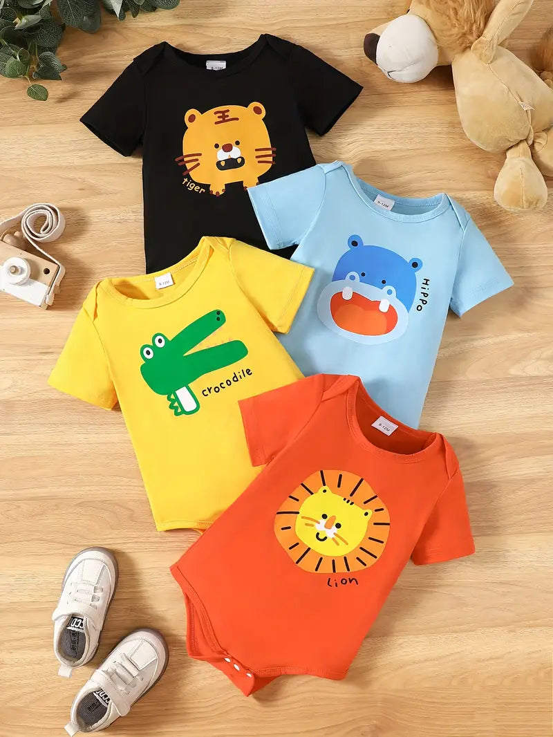 TEMU Ensemble de 4 Grenouillères à Imprimé Animal d'Été pour Bébés Garçons - Tissu Doux et Respirant en Tricot, Mignonnes et Confortables, Parfaites pour l'Extérieur