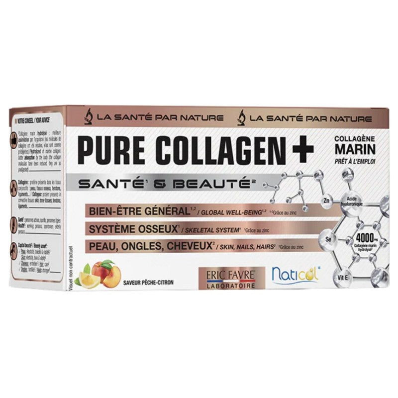 PURE COLLAGENE MARIN + ACIDE HYALURONIQUE - Enrichi en Zinc, Vitamine E, Sélénium - Complément Alimentaire Peau, Cheveux et Ongles - Saveur Pêche Citron - Laboratoire Français Eric Favre