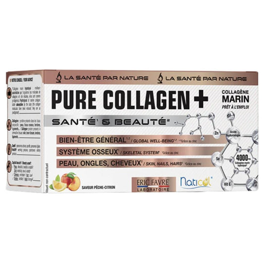 PURE COLLAGENE MARIN + ACIDE HYALURONIQUE - Enrichi en Zinc, Vitamine E, Sélénium - Complément Alimentaire Peau, Cheveux et Ongles - Saveur Pêche Citron - Laboratoire Français Eric Favre