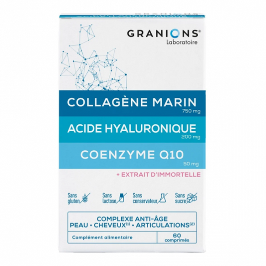 GRANIONS - Collagene Marin - Collagene et Acide Hyaluronique + Coenzyme Q10 - Collagene pour Cheveux, Peau, Articulation, Ongles - Collagene Marin + Selenium + Acide Hyaluronique - 60 Comprimés