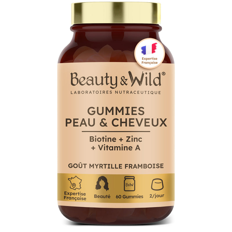 Gummies Cheveux et Ongles – Biotine, Zinc, Vitamines B6, B9, C, D3, E – 60 Gummies Sans Sucres – Croissance, Fortification, Brillance – Goût Myrtille Framboise – Fabriqué en France – Cure 30 Jours