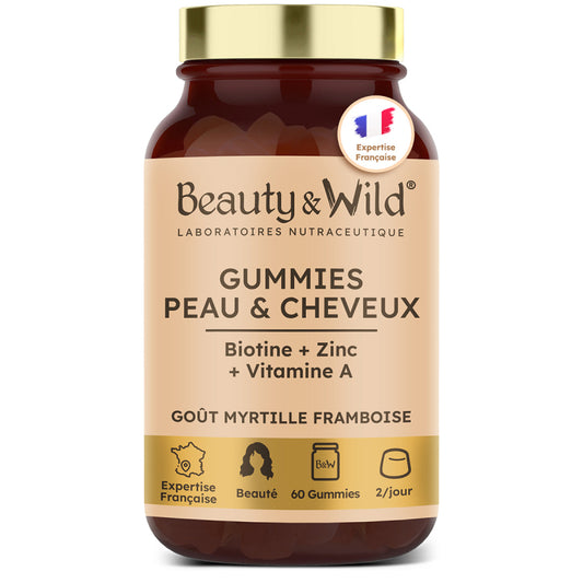 Gummies Cheveux et Ongles – Biotine, Zinc, Vitamines B6, B9, C, D3, E – 60 Gummies Sans Sucres – Croissance, Fortification, Brillance – Goût Myrtille Framboise – Fabriqué en France – Cure 30 Jours