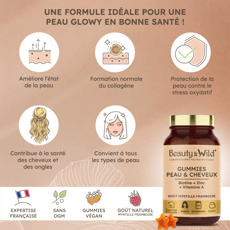 Gummies Cheveux et Ongles – Biotine, Zinc, Vitamines B6, B9, C, D3, E – 60 Gummies Sans Sucres – Croissance, Fortification, Brillance – Goût Myrtille Framboise – Fabriqué en France – Cure 30 Jours