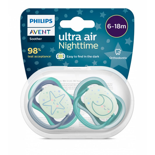 Philips Avent Sucette ultra air - 2 sucettes légères, aérées et phosphorescentes pour bébés âgés de 6 à 18 mois, sans BPA, avec étui de transport stérilisateur, Bleu (modèle SCF376/13)