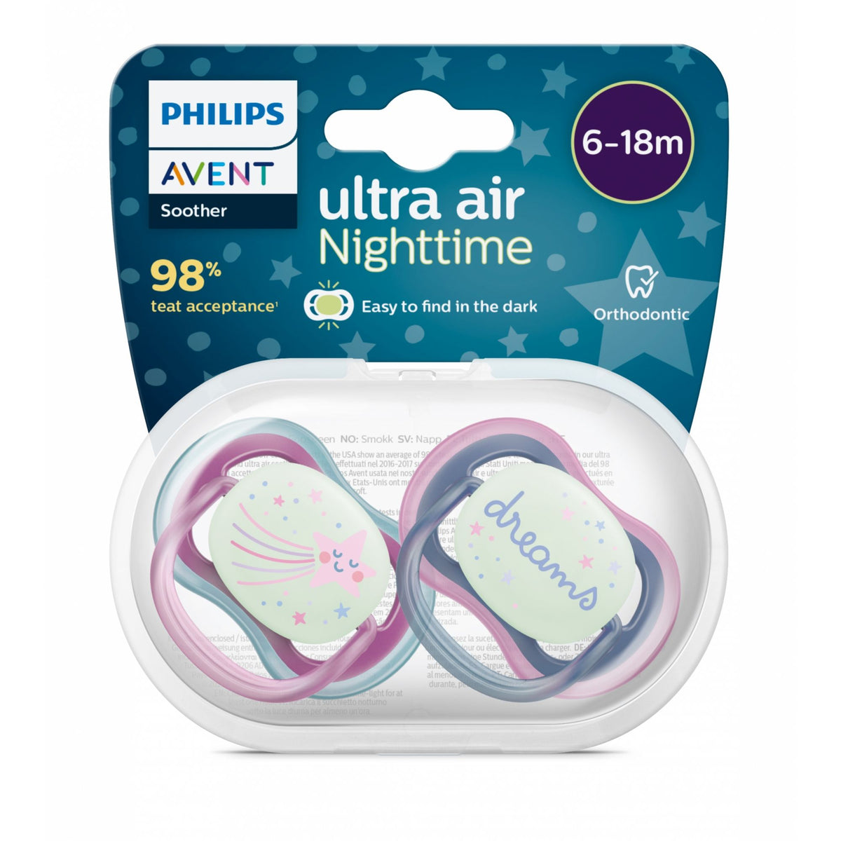 Philips Avent Sucette ultra air - 2 sucettes légères, aérées et phosphorescentes pour bébés âgés de 6 à 18 mois, sans BPA, avec étui de transport stérilisateur, Bleu (modèle SCF376/13)