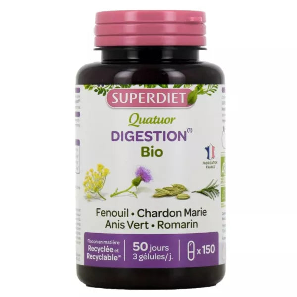 Superdiet Quatuor Fenouil Digestion Bio Fenouil Chardon Marie Anis Vert Romarin - 150 Gélules