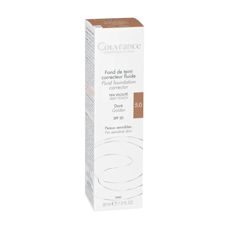 Avène Couvrance Eau Thermale -Fond de Teint Correcteur Unifiant Fluide Naturel N°2.0 - Peaux Claires 30 ml - Teinte : 5.0 Doré