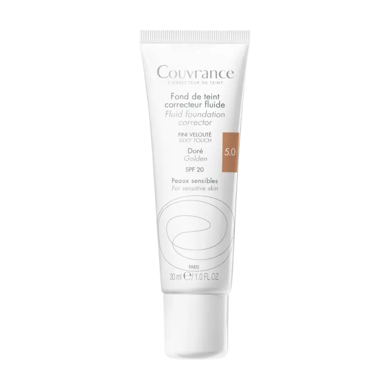 Avène Couvrance Eau Thermale -Fond de Teint Correcteur Unifiant Fluide Naturel N°2.0 - Peaux Claires 30 ml - Teinte : 5.0 Doré