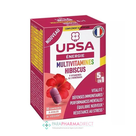 UPSA Multivitamines Hibiscus 5 en 1 - 9 Vitamines & 2 Minéraux - 30 Comprimés